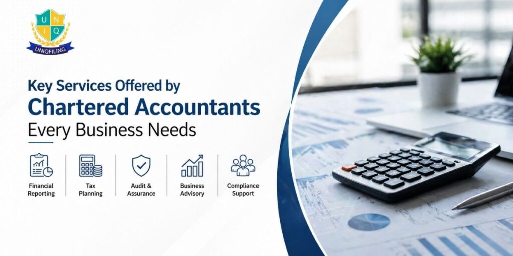 Services offered by chartered accountants including GST, tax filing, auditing, and financial consulting for businesses